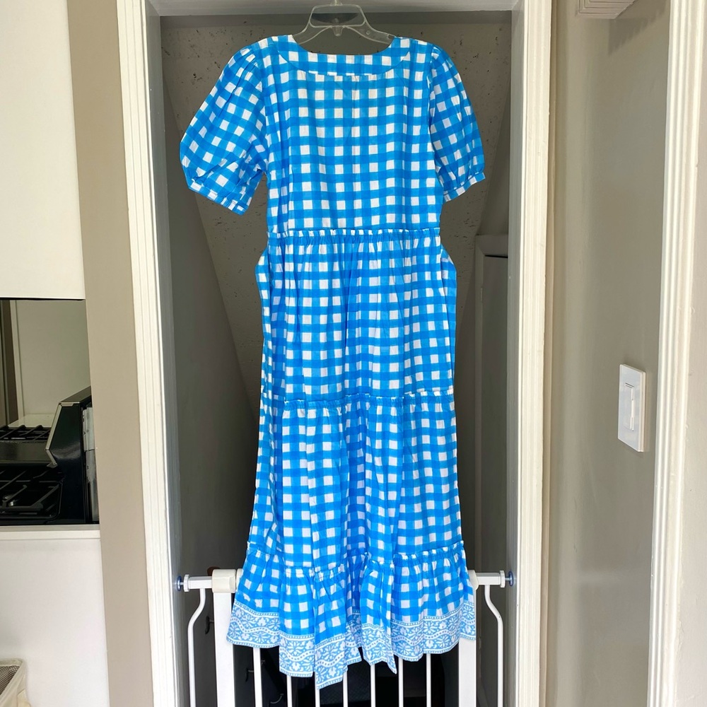 SOLD SZ Blockprints Tuckernuck Divya Cotton Midi Puff Sleeve Dress Gingham Blue - Picture 11 of 14